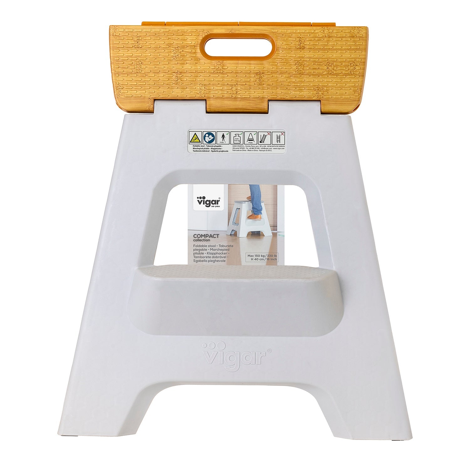 Vigar Compact 2-Step Folding Stool 40cm Bamboo Top – White