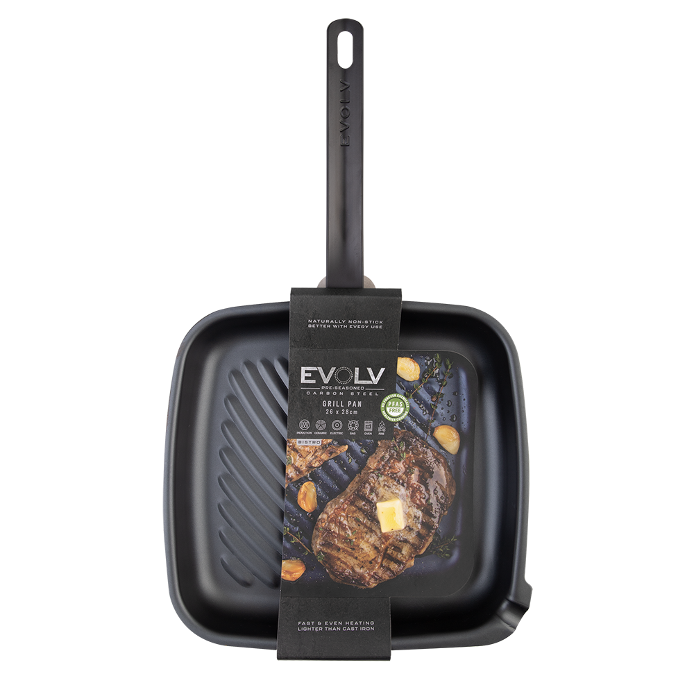 Pre-Seasoned Carbon Steel Grill Pan 26x28cm – Evolv