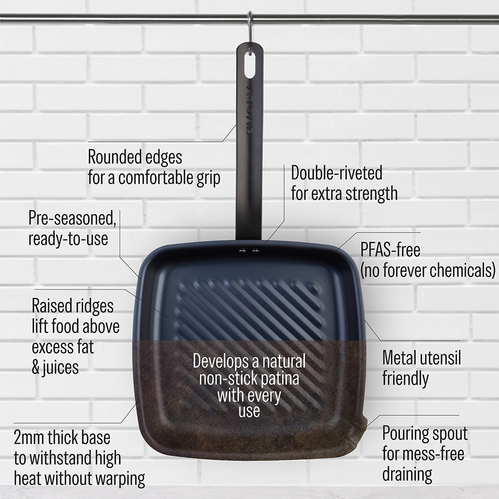 Pre-Seasoned Carbon Steel Grill Pan 26x28cm – Evolv