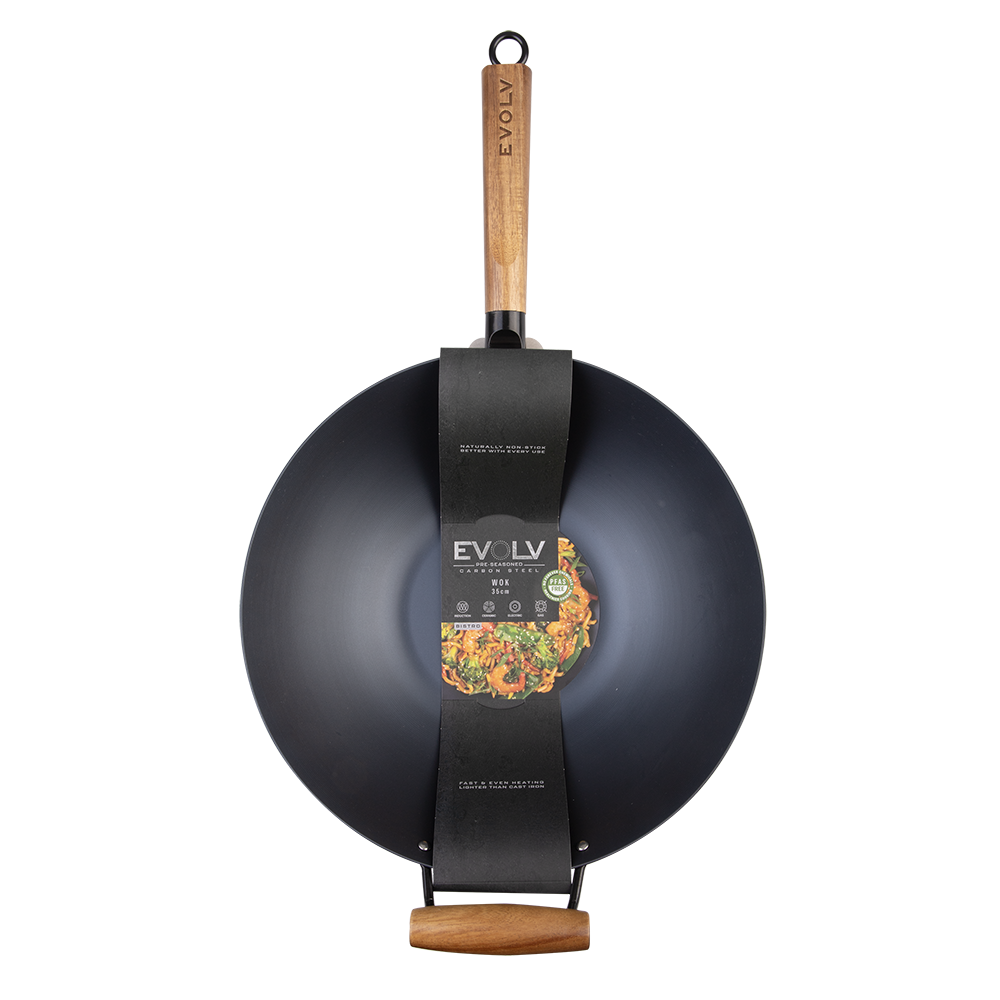 Carbon Steel Wok 35cm with Acacia Wood Handle – Evolv