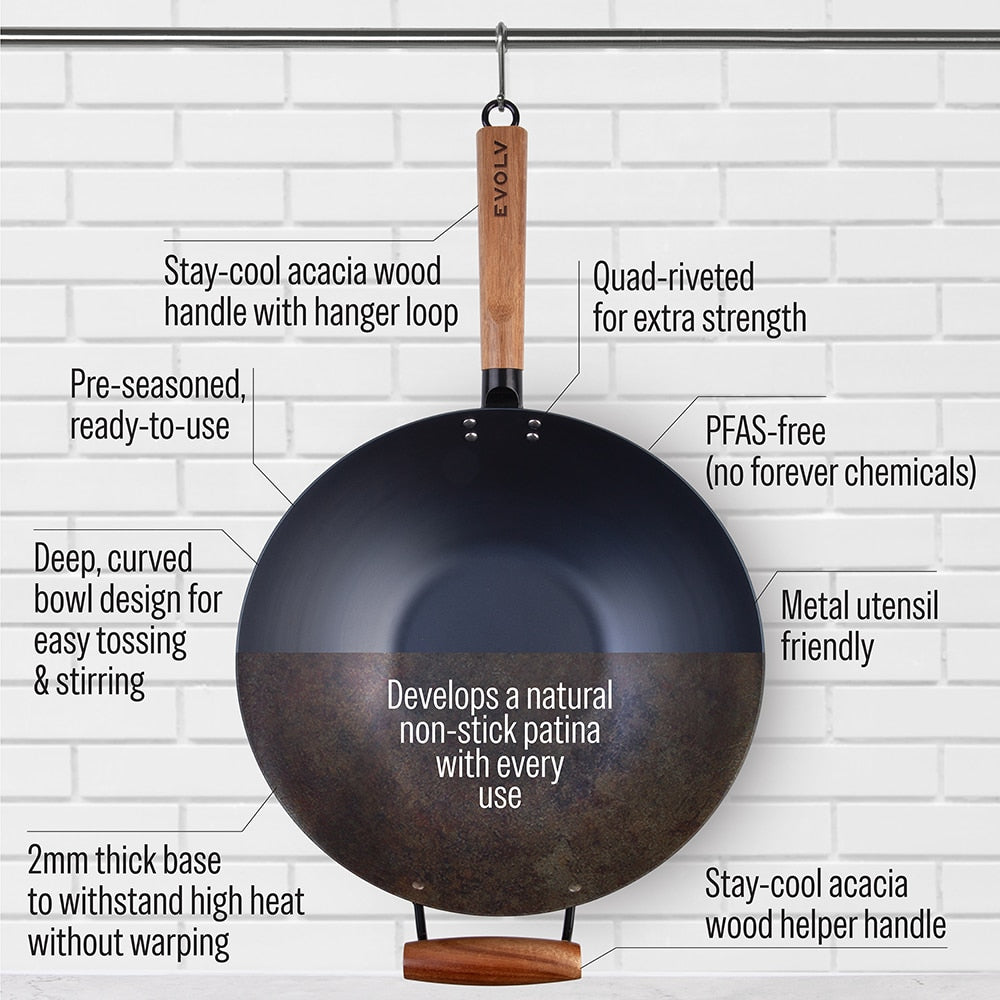 Carbon Steel Wok 35cm with Acacia Wood Handle – Evolv