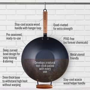 Carbon Steel Wok 35cm with Acacia Wood Handle – Evolv