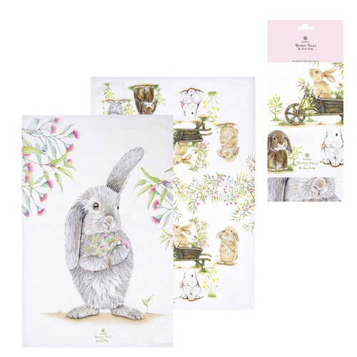 Ashdene Bunny Tales 2-piece kitchen towel set detail — pastel bunny artwork
