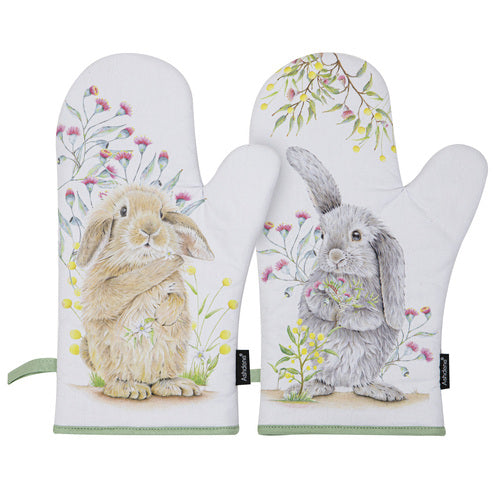 Ashdene Bunny Tales 2-piece oven mitt set detail — pastel bunny artwork