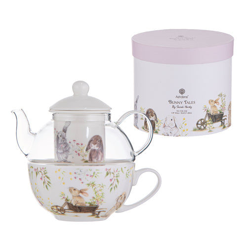 Ashdene Bunny Tales Glass Top Tea For One detail — pastel bunny artwork