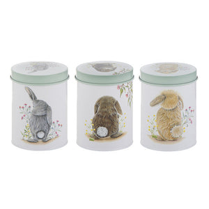 Ashdene Bunny Tales 3pk Canister Set detail — pastel bunny artwork by Sarah Hardy