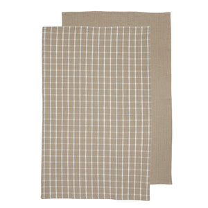 Ladelle Hemingway Taupe 2pk Kitchen Towel - cotton-linen check and plain towel set with faux leather tab