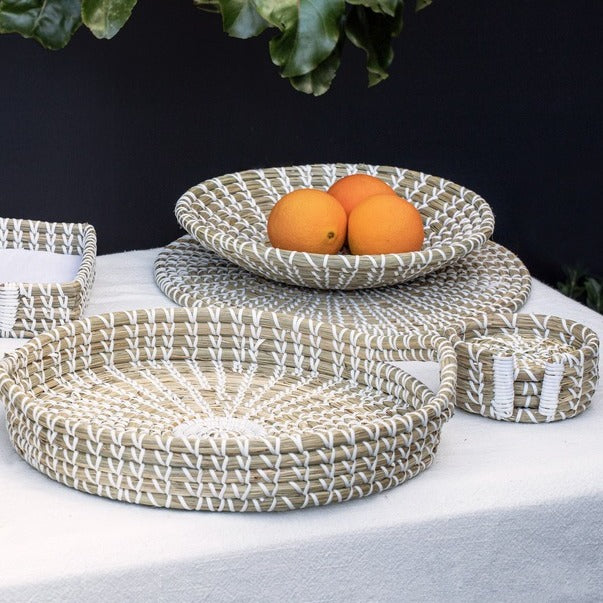 Seagrass Woven White Round Coaster with Holder