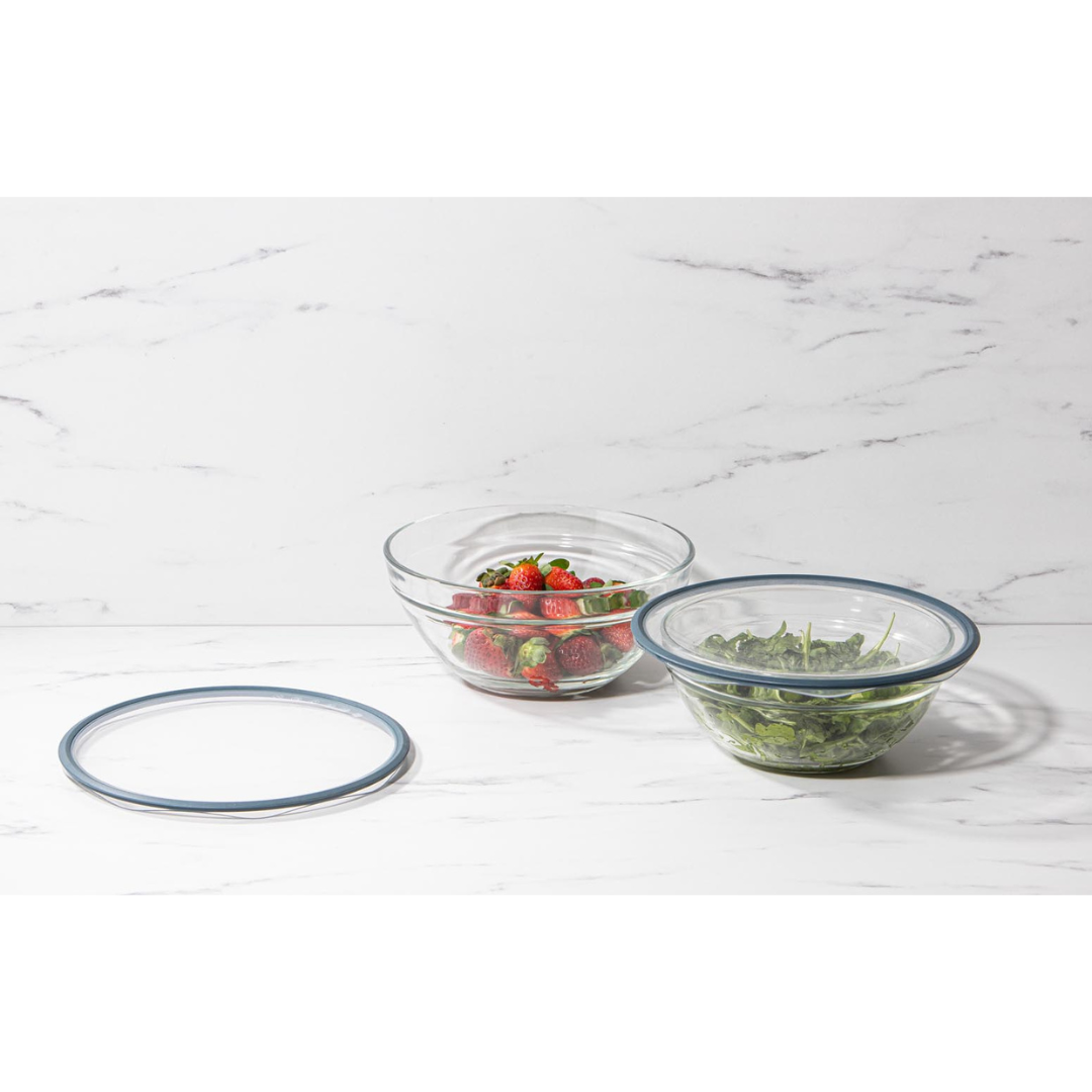 Ladelle Eco Flexi Airtight Bowl Cover in use - sealed over glass bowl of fresh produce