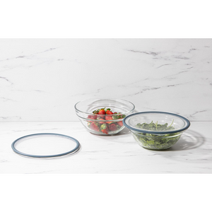 Ladelle Eco Flexi Airtight Bowl Cover in use - sealed over glass bowl of fresh produce