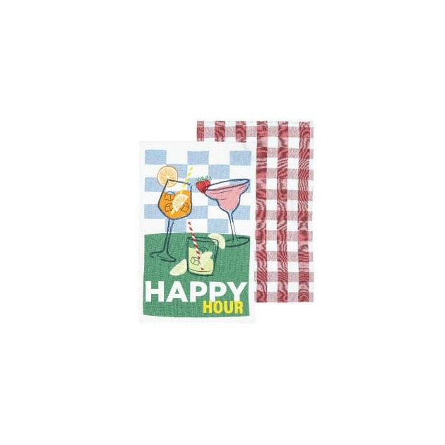 Brightside Happy Hour 2pk kitchen towel - cocktails print with red gingham