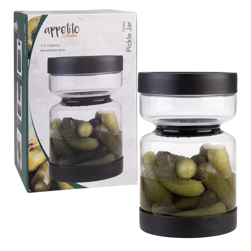 Appetito Glass Pickle Jar 1.1L Black - borosilicate kitchen storage jar