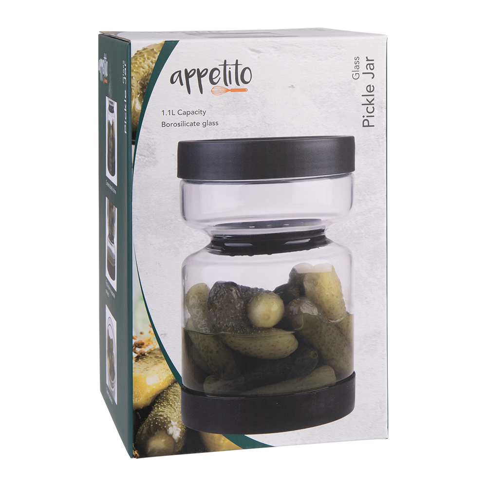 Appetito Glass Pickle Jar 1.1L Black packaging - borosilicate kitchen storage