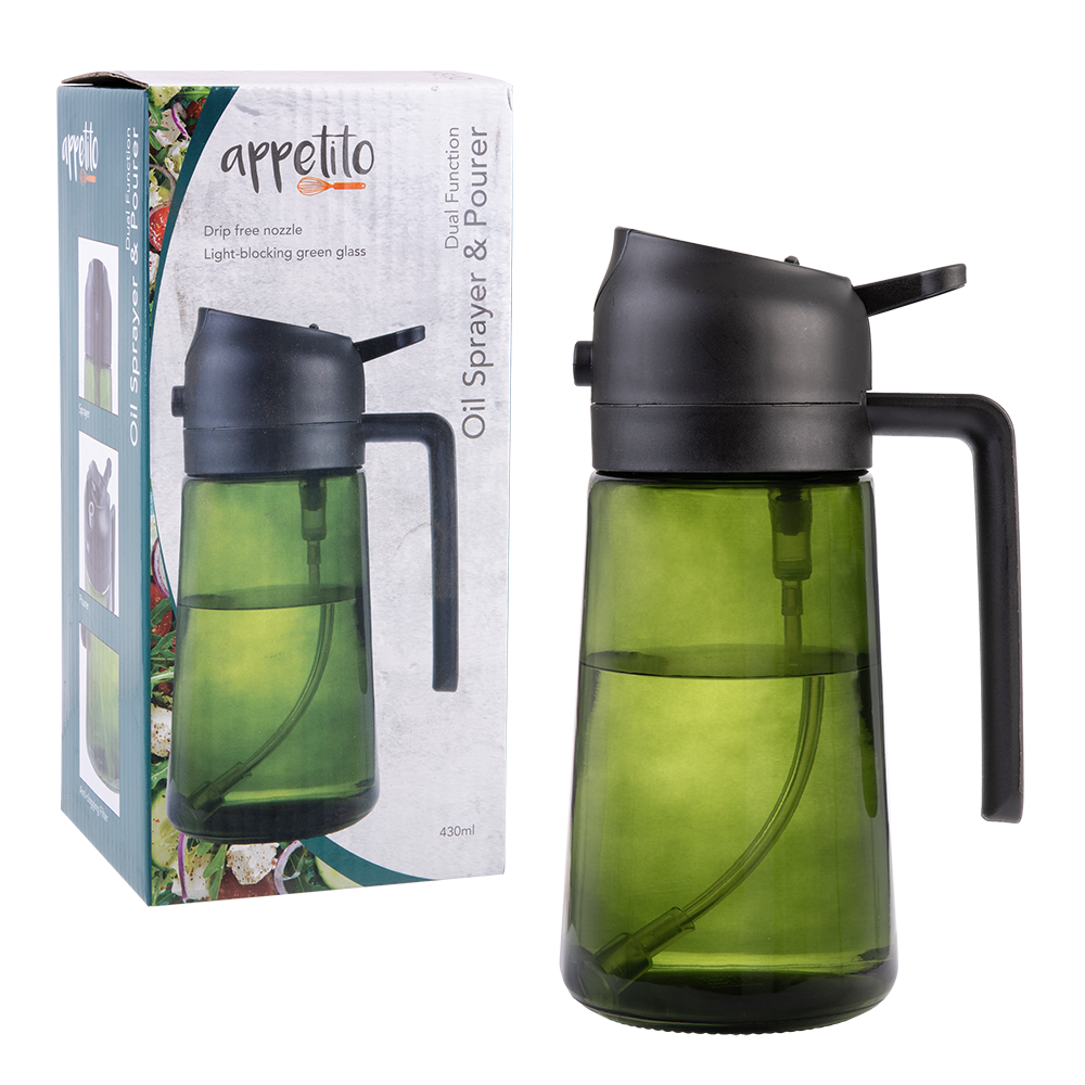 Appetito Dual Function Oil Sprayer and Pourer Green Glass 430ml - oil sprayer