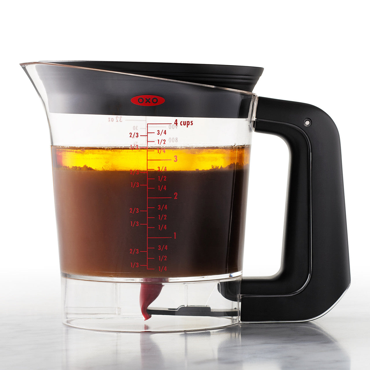 OXO Good Grips Gravy Fat Separator 1L - strainer and valve detail