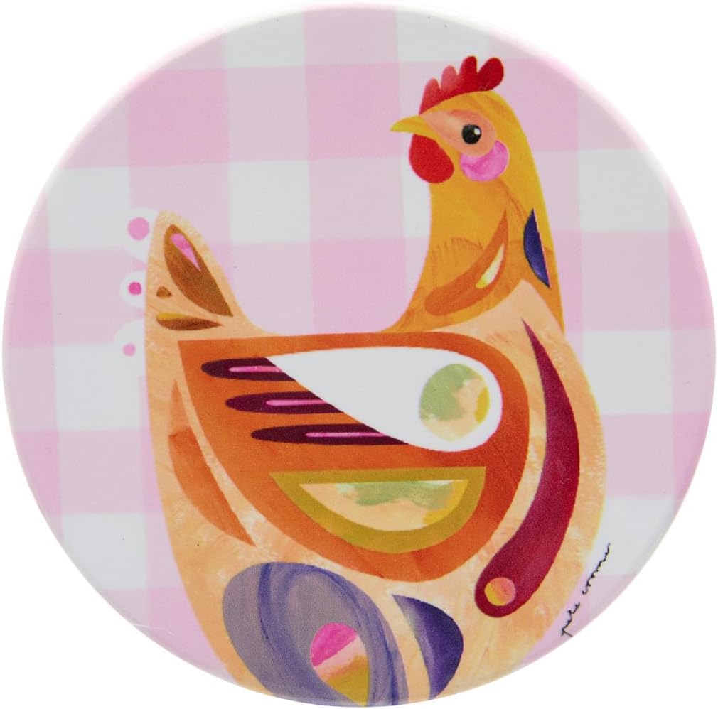 Pete Cromer Barn Friends round ceramic coaster 10cm, pink chook on gingham