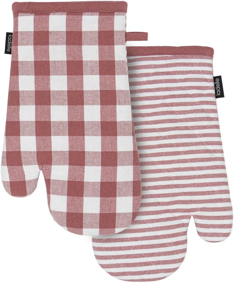 Ladelle Eco Gingham oven mitts in blush, set of 2 - gingham and stripe