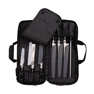 Kasumi Knife Roll 18 Pocket Black - rolled with shoulder strap detail