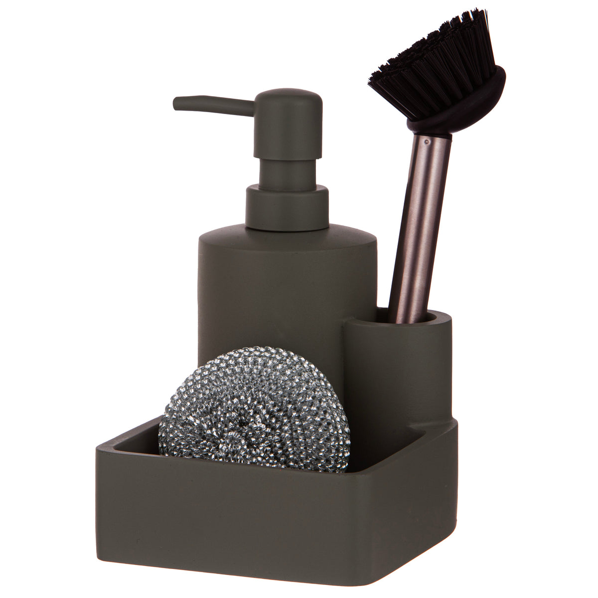 Ladelle Essentials Charcoal 3pc Kitchen Cleaning Set - soap dispenser brush scourer