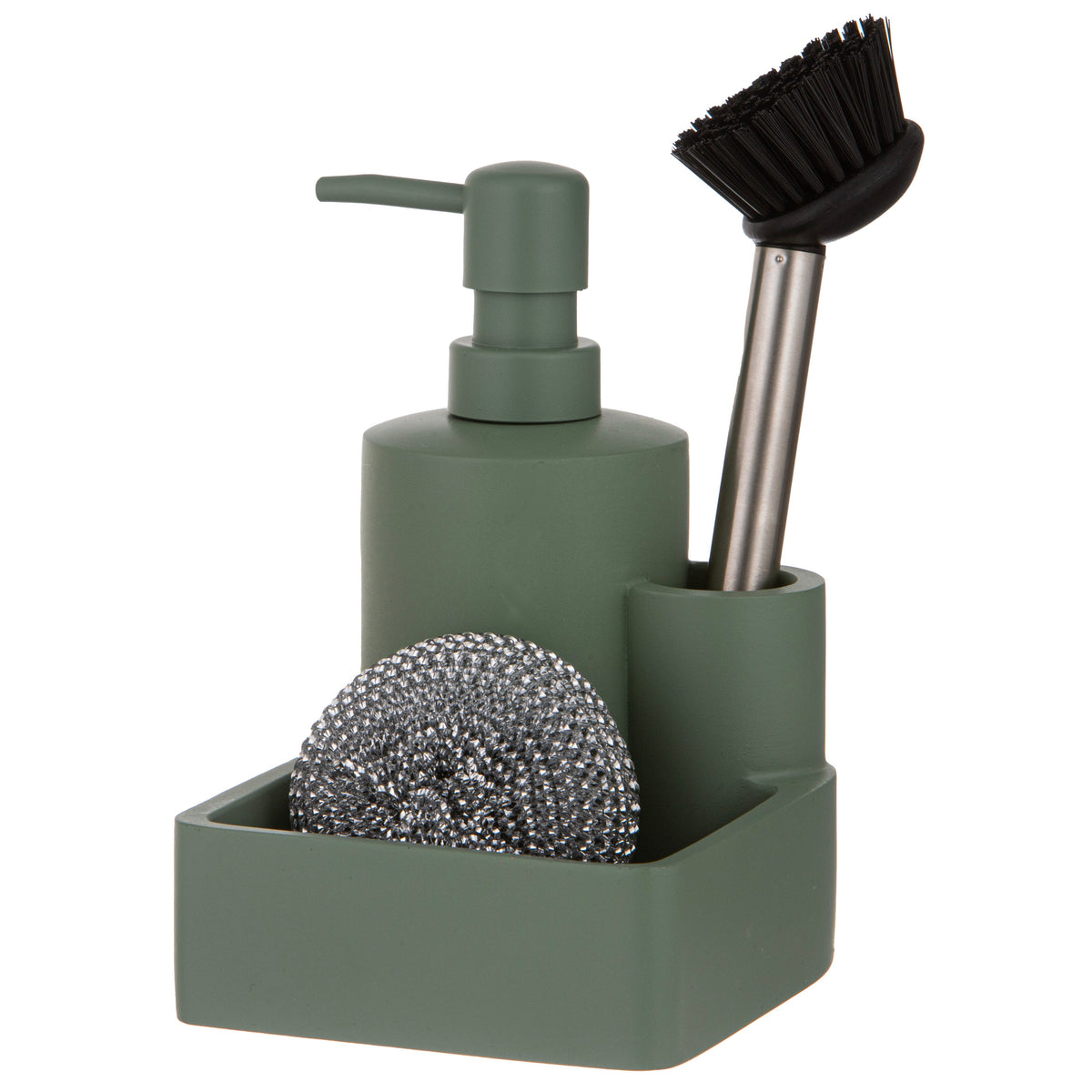 Ladelle Essentials Sage 3pc Kitchen Cleaning Set - dish brush, scrubber and soap dispenser caddy
