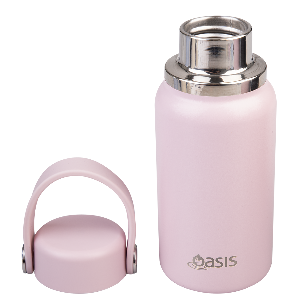 Oasis Insulated Mini Drink Bottle 200ml Pink Lemonade with lid removed - stainless steel spout