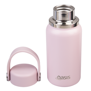 Oasis Insulated Mini Drink Bottle 200ml Pink Lemonade with lid removed - stainless steel spout