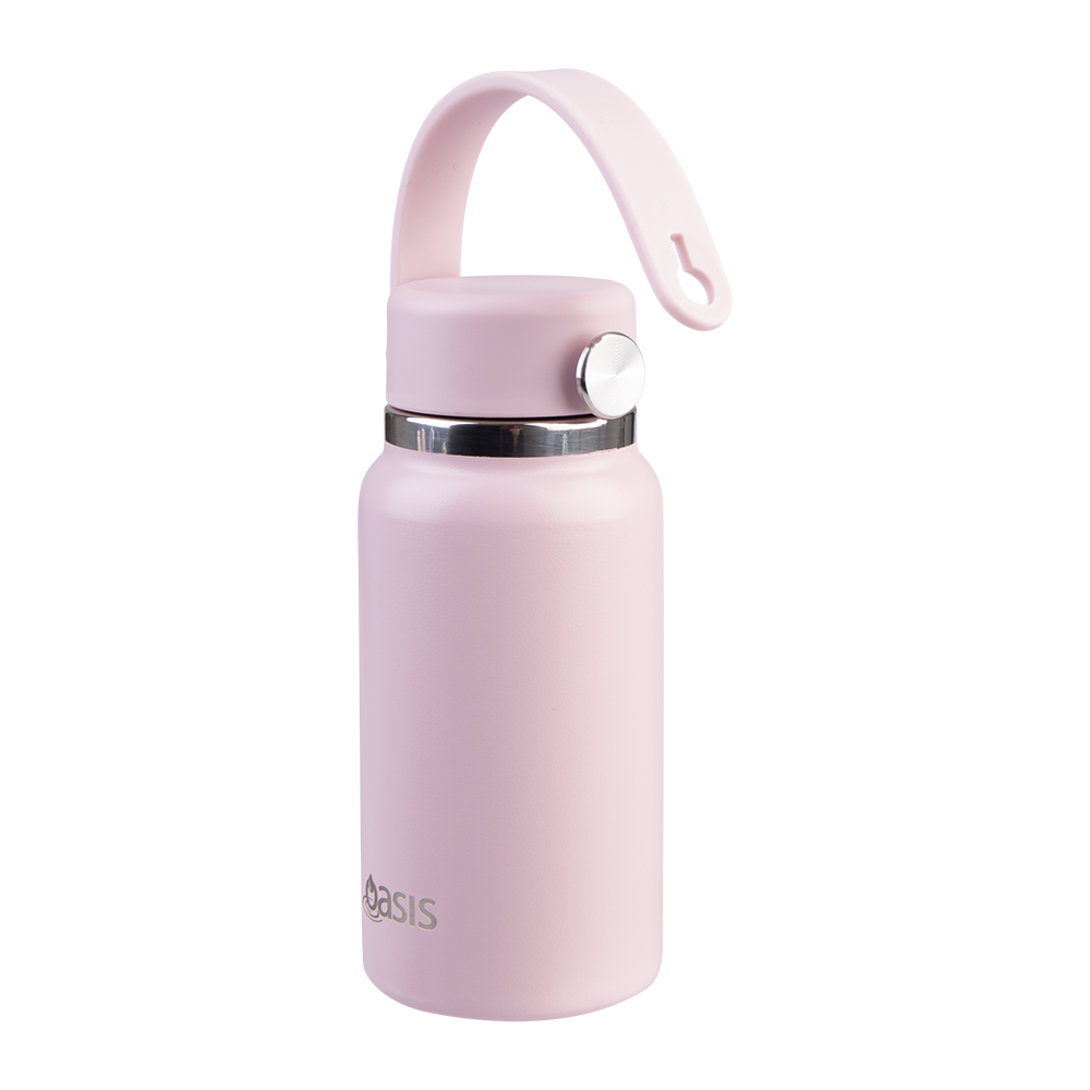 Oasis Insulated Mini Drink Bottle 200ml Pink Lemonade with silicone carry strap extended