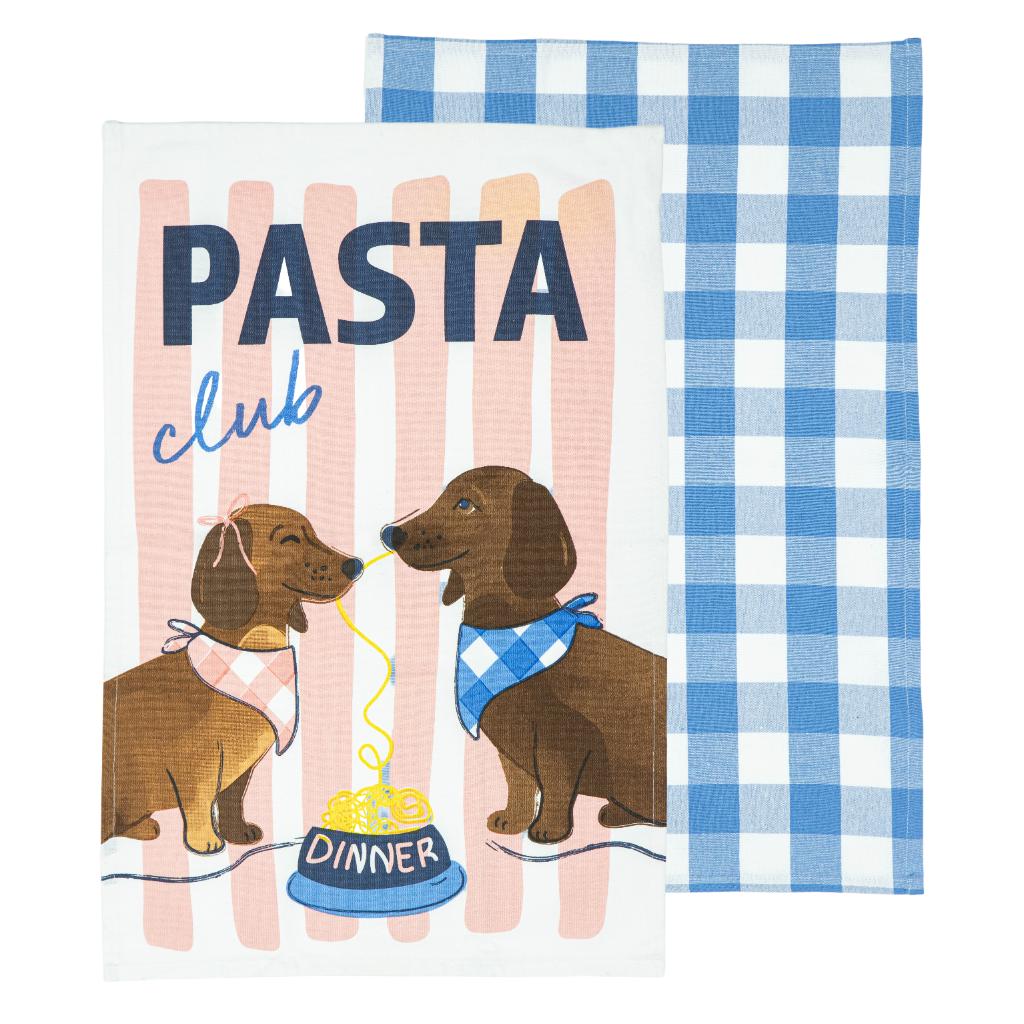 Brightside Pasta Club 2pk kitchen towel - dachshund print with blue gingham