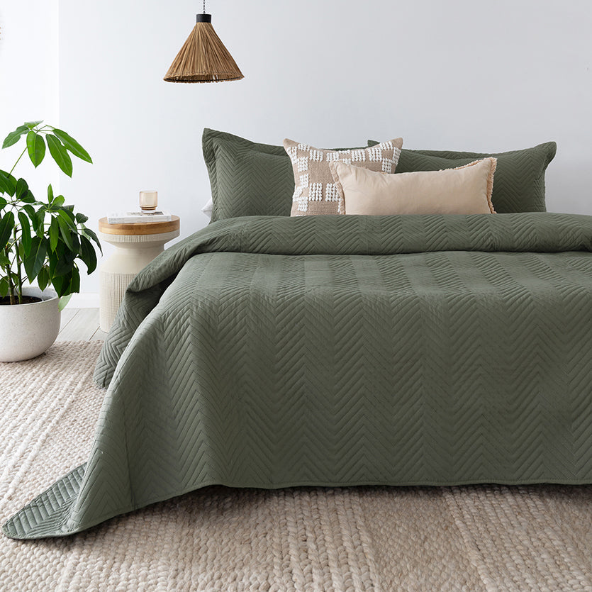 Bambury Herringbone Embossed Coverlet Set Moss Queen King
