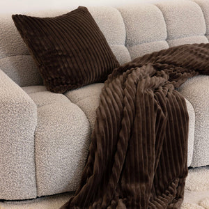 Bambury Channel Velour Stripe Cushion Chocolate - styled on sofa