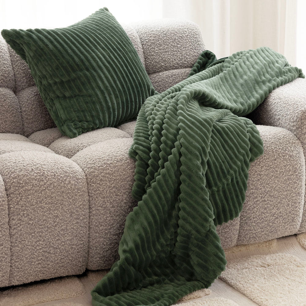 Bambury Channel Velour Stripe Cushion Juniper - styled on sofa