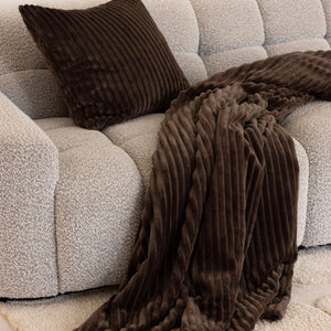 Bambury Channel Velour Stripe Throw Chocolate - styled in living room