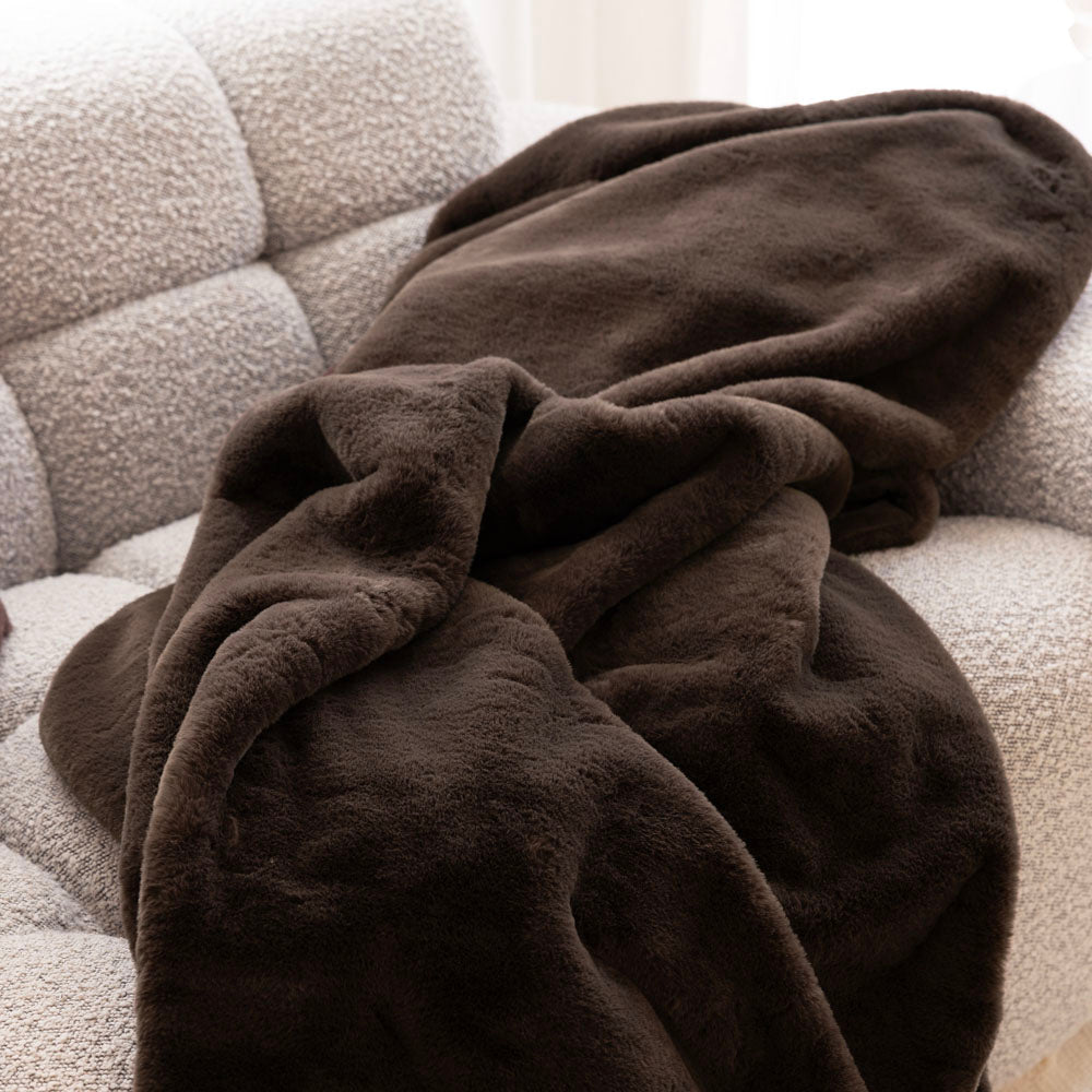 Bambury Frida Faux Fur Throw Chocolate - styled in living room