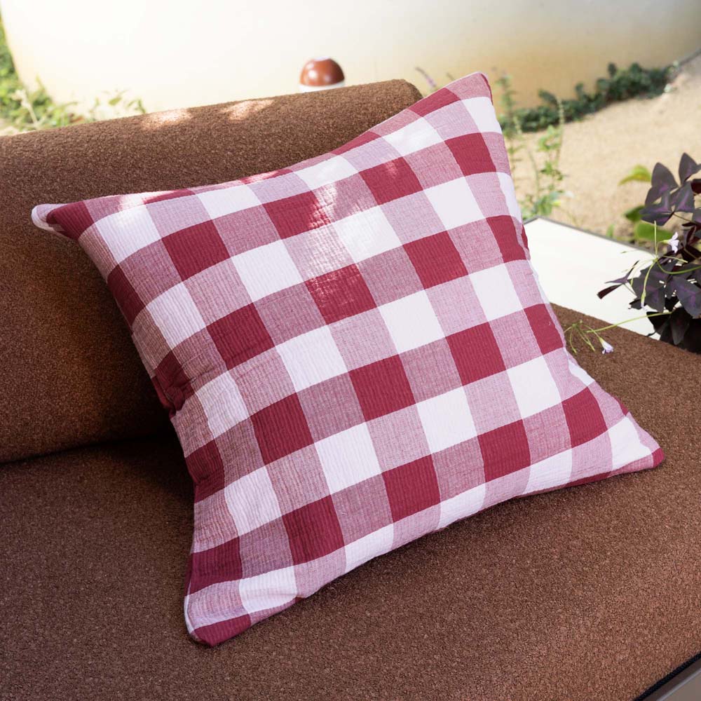 Bambury Willow Gingham Square Cushion Berry styled lifestyle shot - gingham cushion