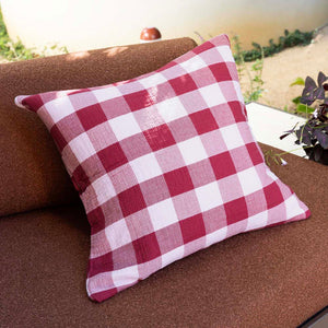 Bambury Willow Gingham Square Cushion Berry styled lifestyle shot - gingham cushion