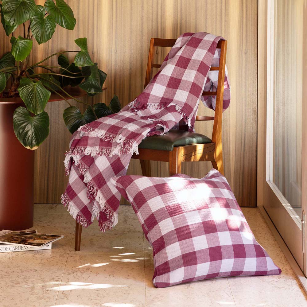 Bambury Willow Gingham Square Cushion Berry styled lifestyle shot - gingham cushion