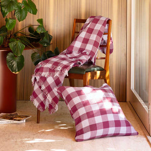 Bambury Willow Gingham Square Cushion Berry styled lifestyle shot - gingham cushion