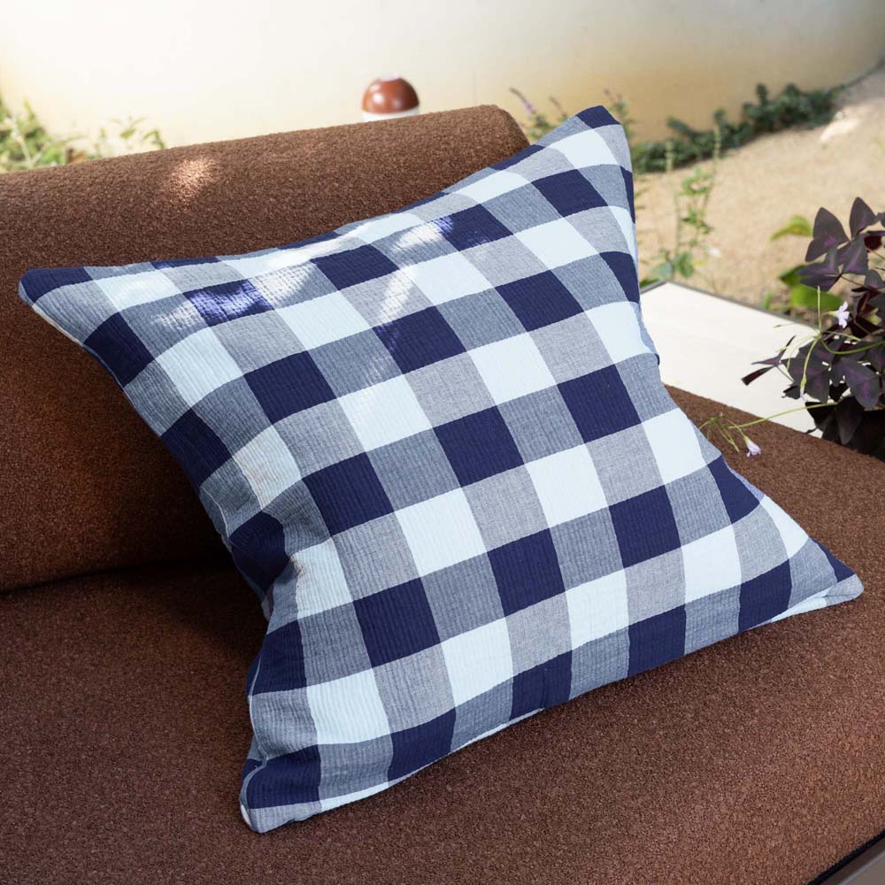 Bambury Willow Gingham Square Cushion Blue styled lifestyle shot - gingham cushion
