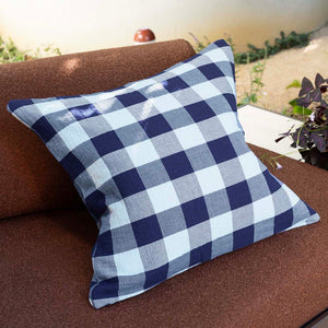 Bambury Willow Gingham Square Cushion Blue styled lifestyle shot - gingham cushion