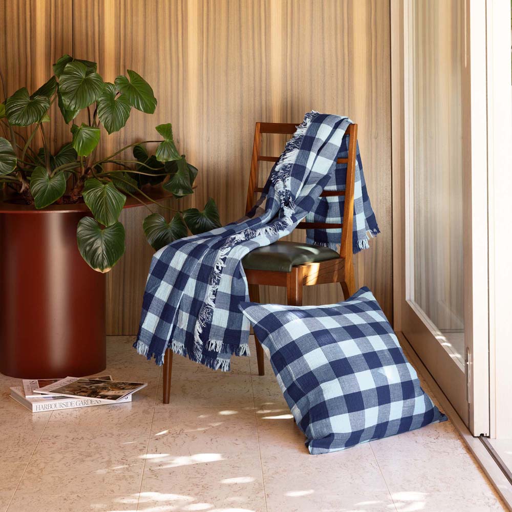 Bambury Willow Gingham Square Cushion Blue styled lifestyle shot - gingham cushion