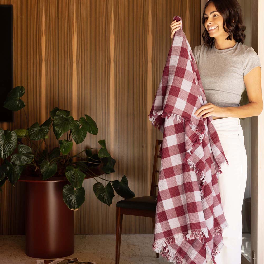 Bambury Willow Gingham Cotton Throw Berry styled lifestyle shot - cotton throw