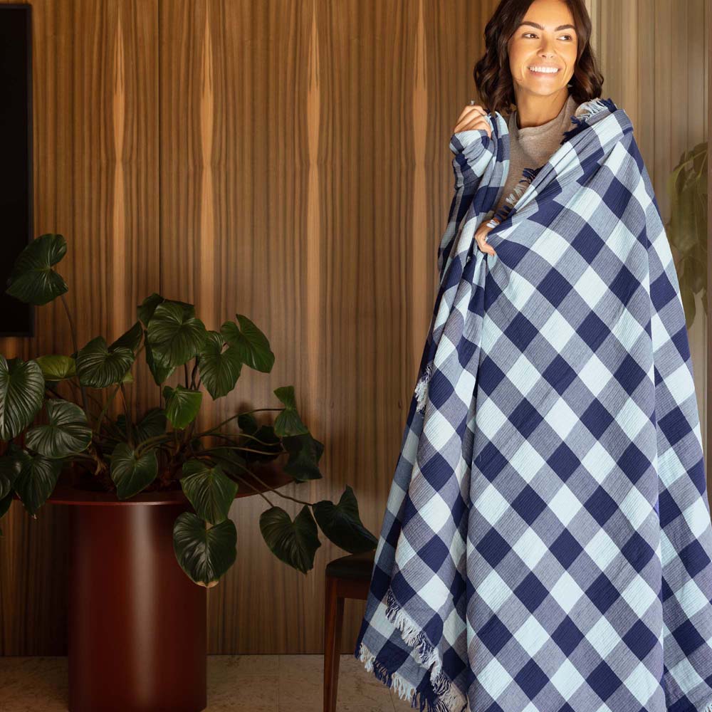 Bambury Willow Gingham Cotton Throw Blue styled lifestyle shot - cotton throw