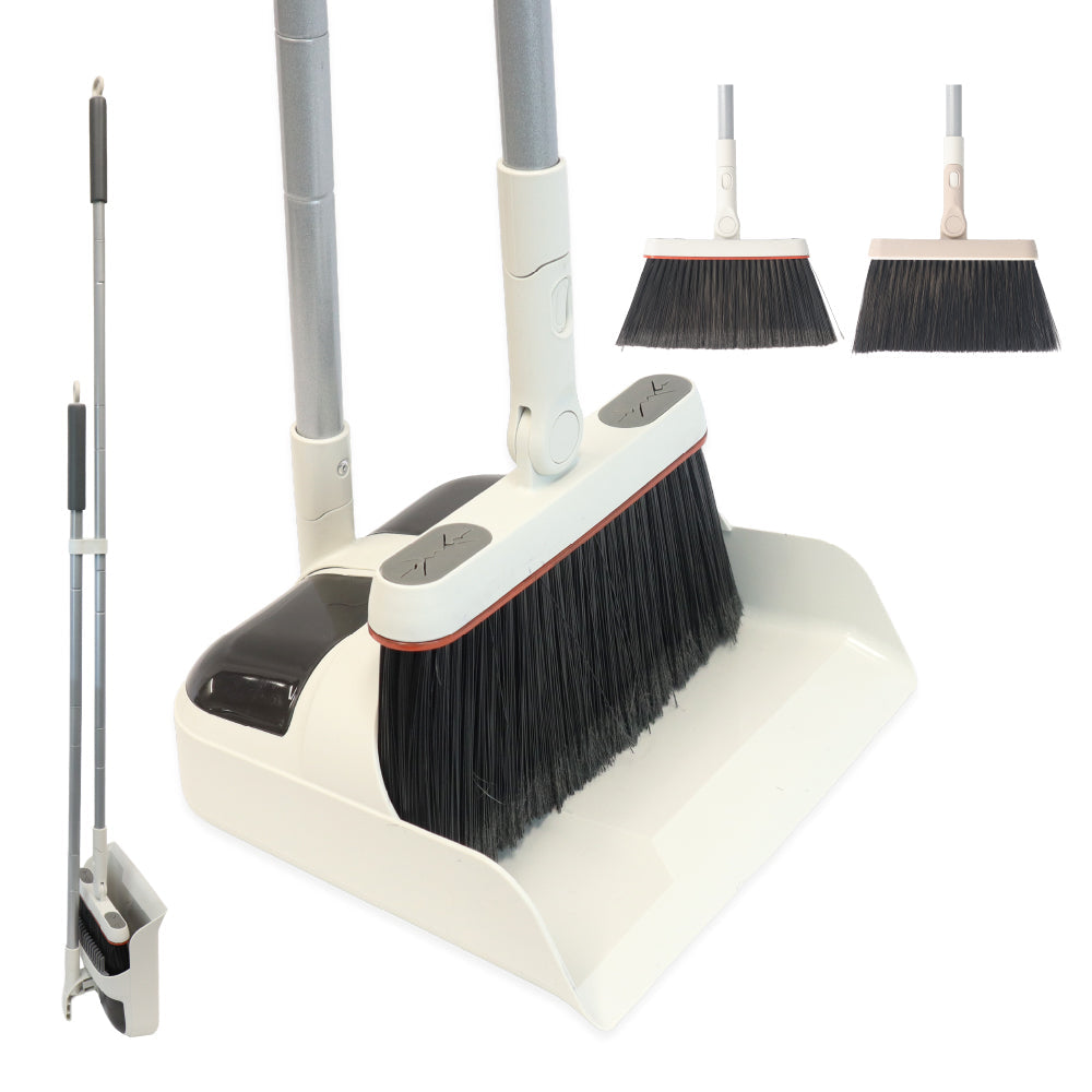 White Magic indoor outdoor broom dustpan set — self-cleaning teeth upright storage