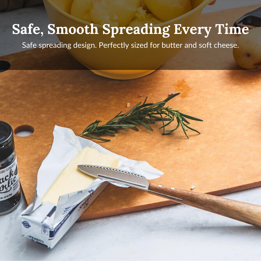 Prepara butter knife detail — stainless steel blade micro-perforations