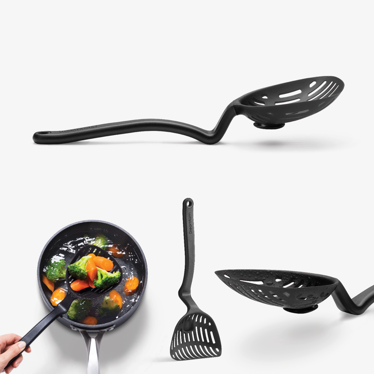 Dreamfarm Big Lestrain Black - scoop strainer with drip catcher, product shot