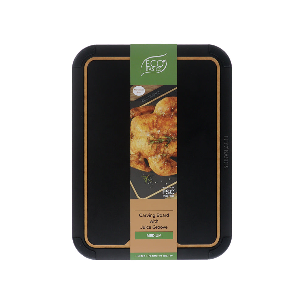 White Magic Eco Basics Carving Board with Juice Groove Black Medium - packaging shot