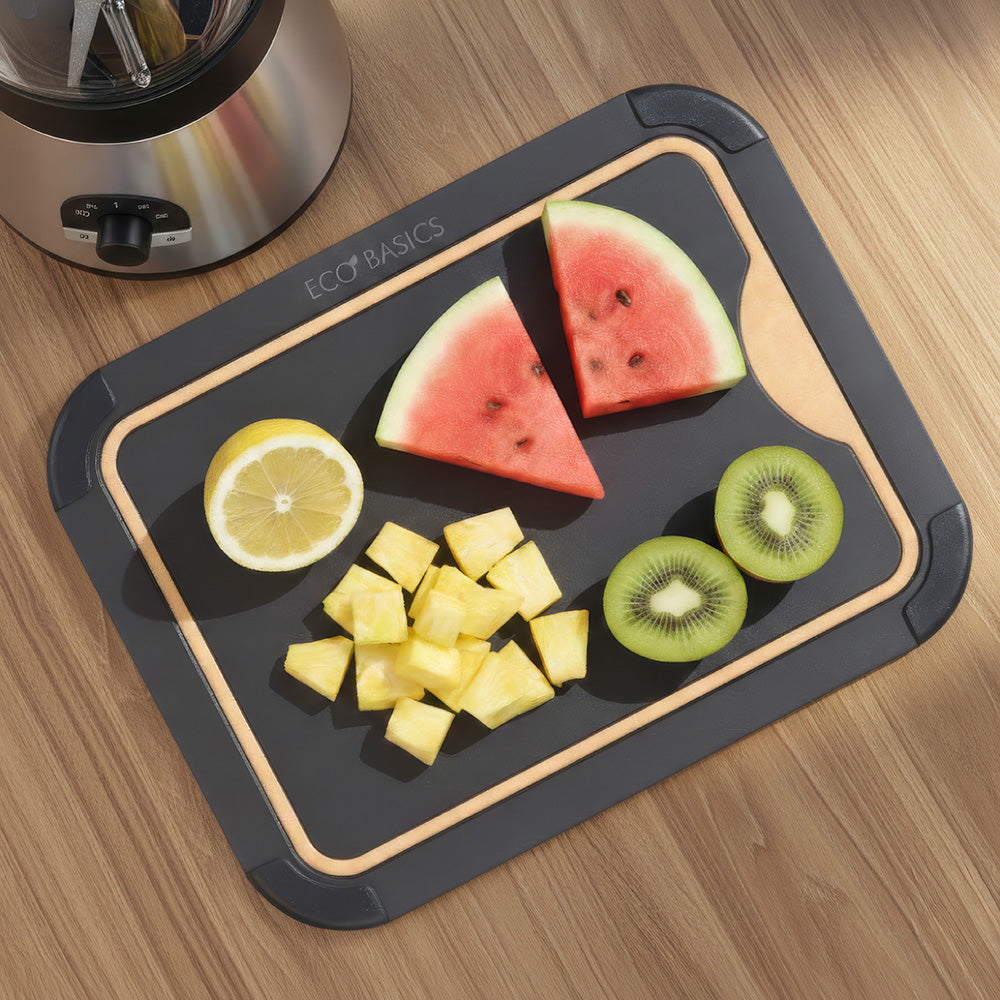 White Magic Eco Basics Carving Board with Juice Groove Black Small - in use on kitchen bench