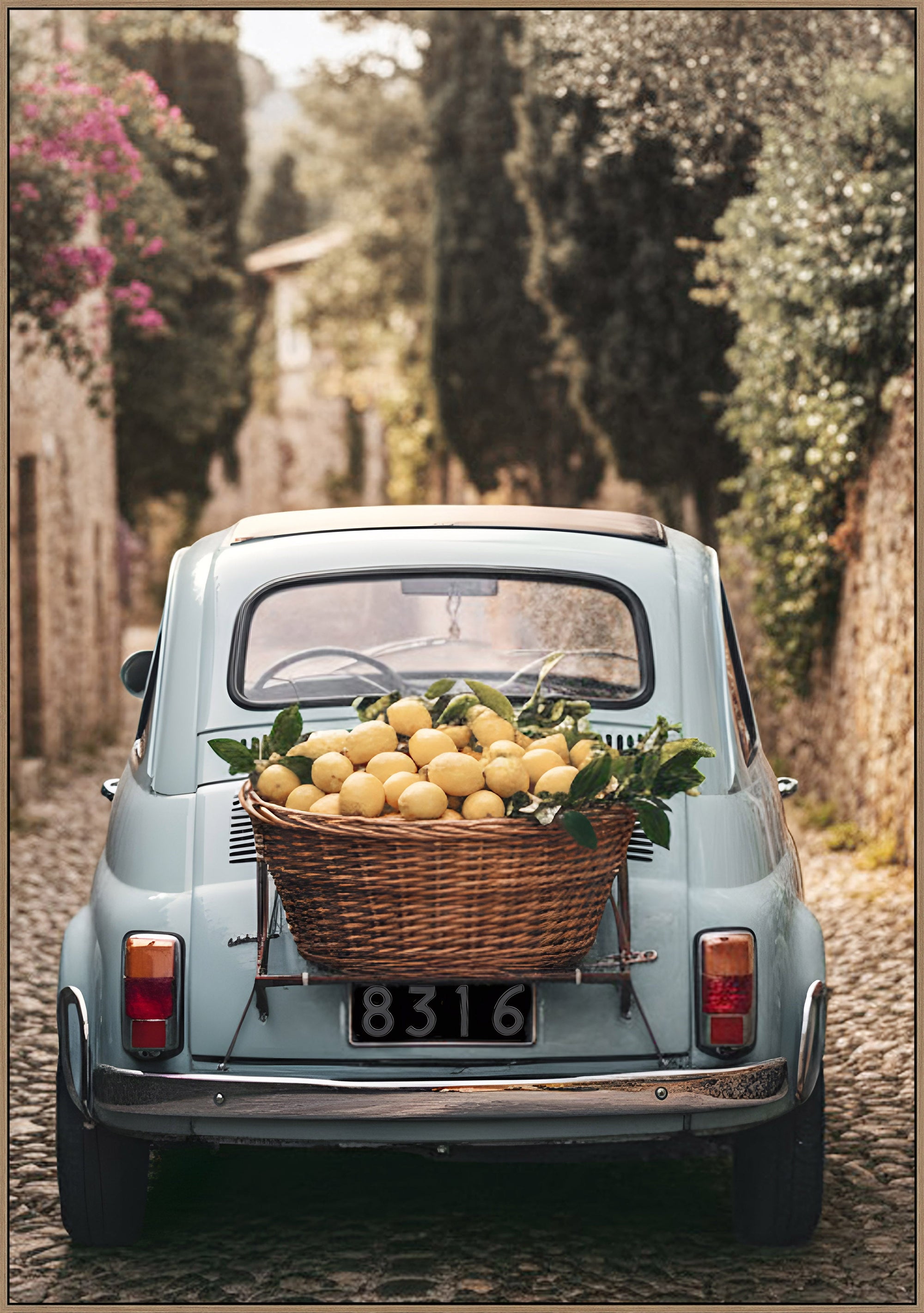 Trend Fiat in Blue Framed Canvas - vintage car wall art