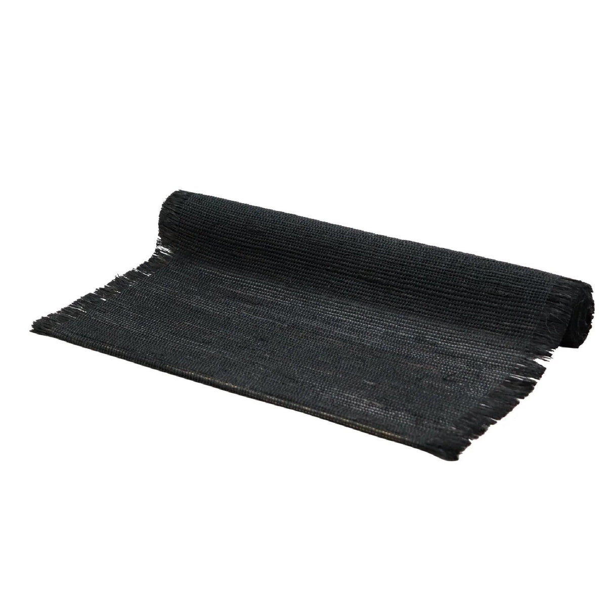 Madras Link linen table runner in black with fringed ends, 35x140cm