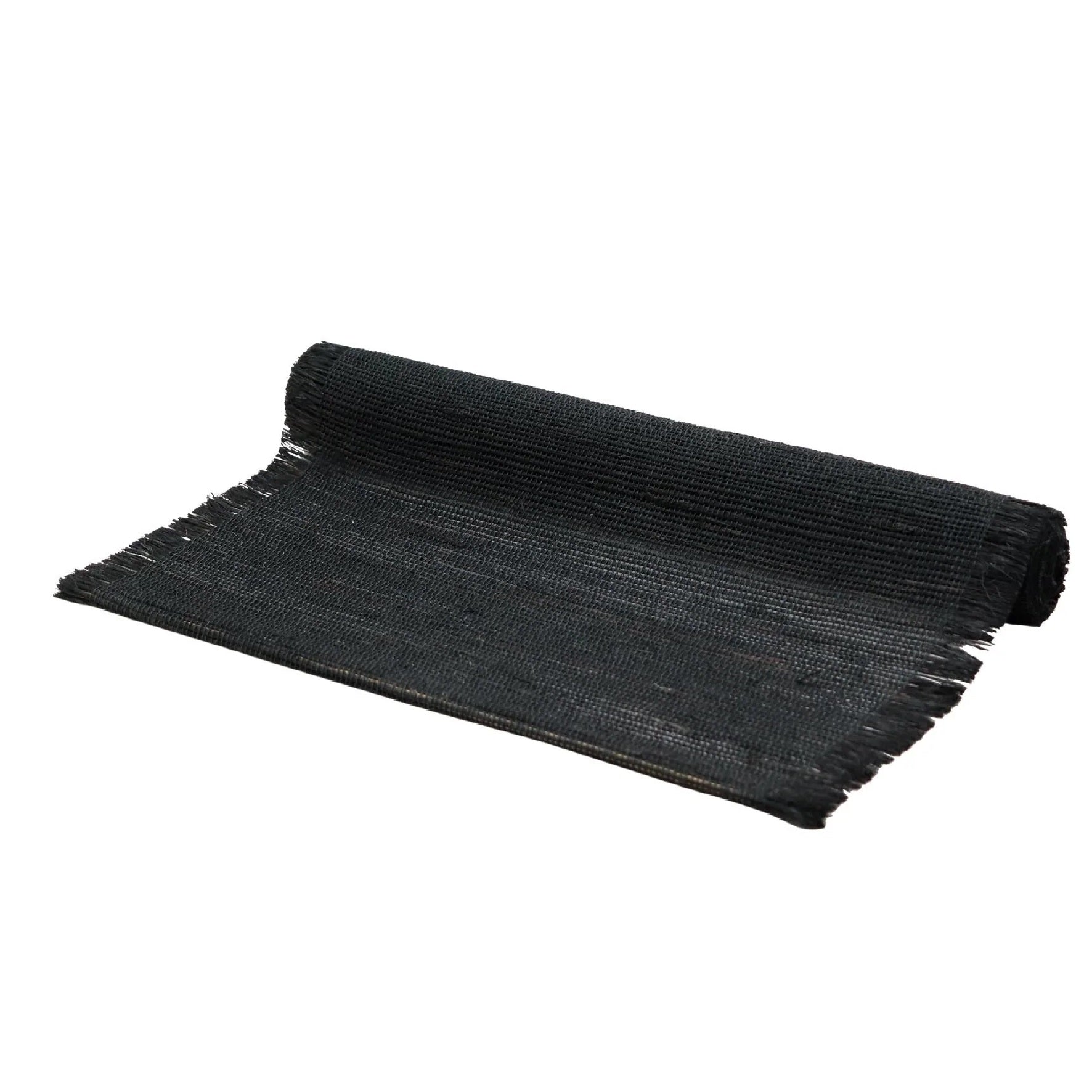 Madras Link linen table runner in black with fringed ends, 35x140cm